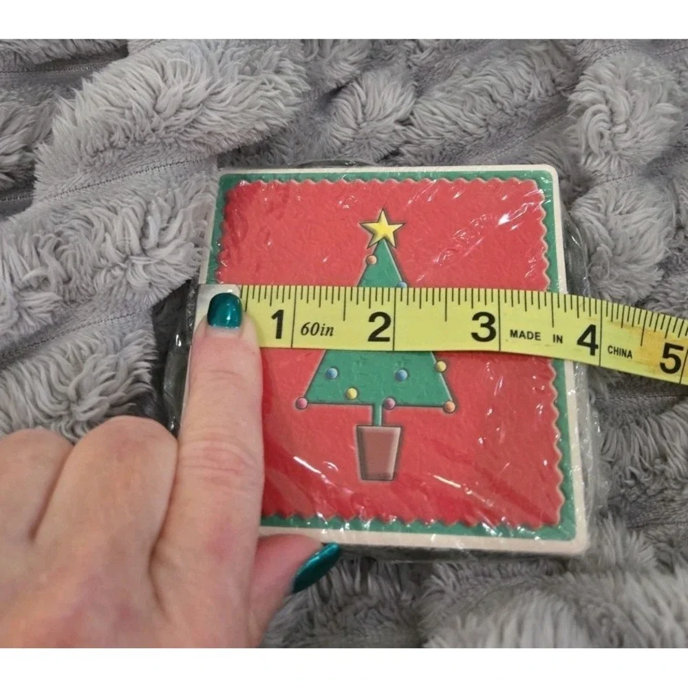 Christmas Tree Ceramic Coaster Set of 4 with Metal Holder Cork Backing Red Green
